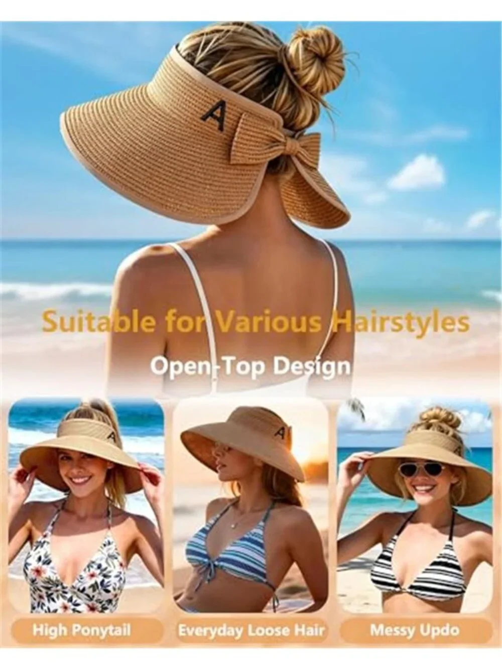Beach Straw Sun Hat for Women Wide Brim UV Protection Visors Hat with Ponytail